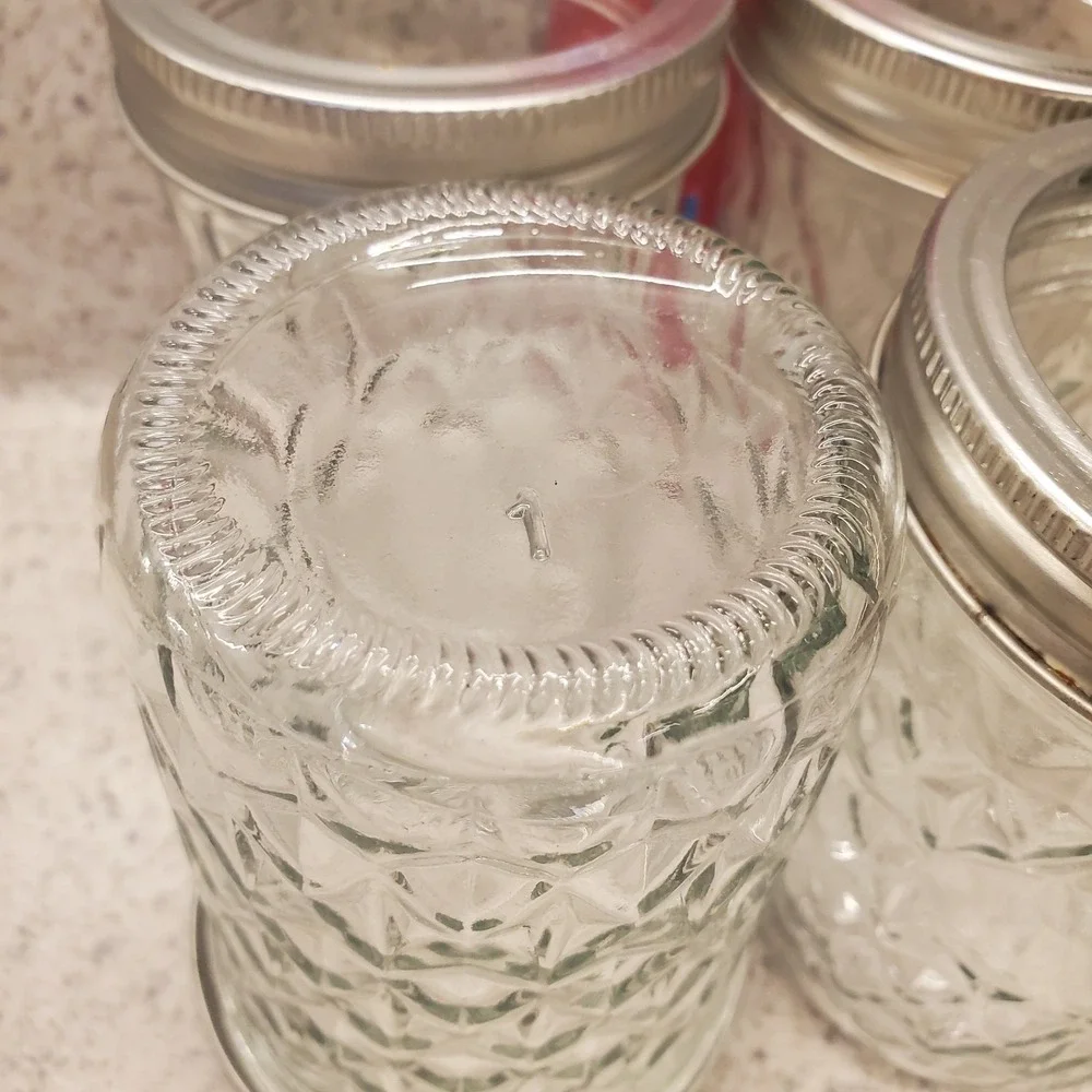 4 Vintage Quilted Crystal Glass Jelly Jars 6 oz Jam Canning Mason Jar w Rings
